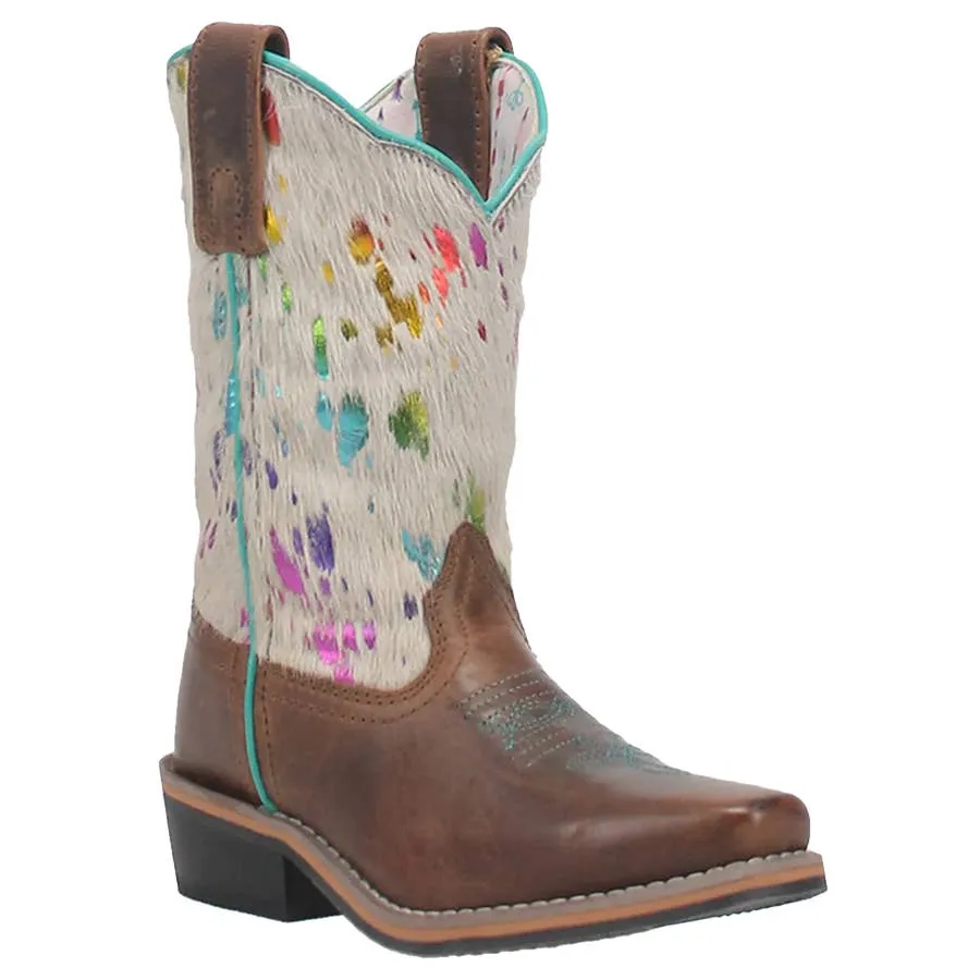 Dan Post Girl's 8" Rumi Hair On HIde Rainbow Cowboy Square Toe Leather Boots - White