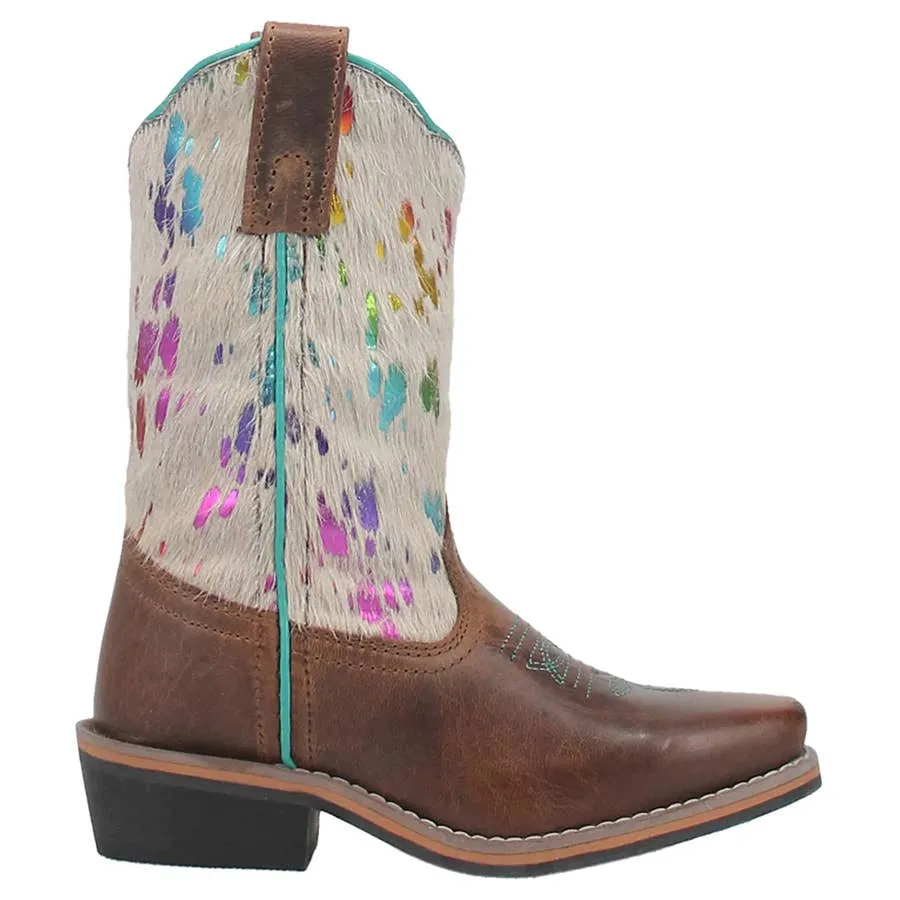 Dan Post Girl's 8" Rumi Hair On HIde Rainbow Cowboy Square Toe Leather Boots - White