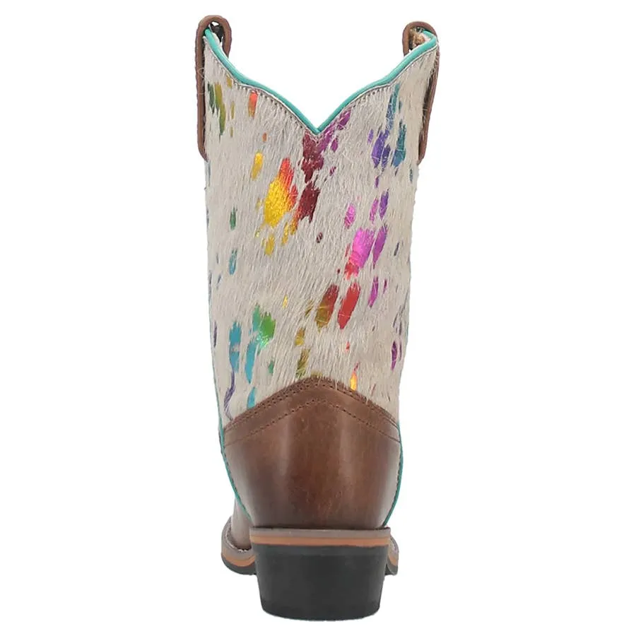 Dan Post Girl's 8" Rumi Hair On HIde Rainbow Cowboy Square Toe Leather Boots - White