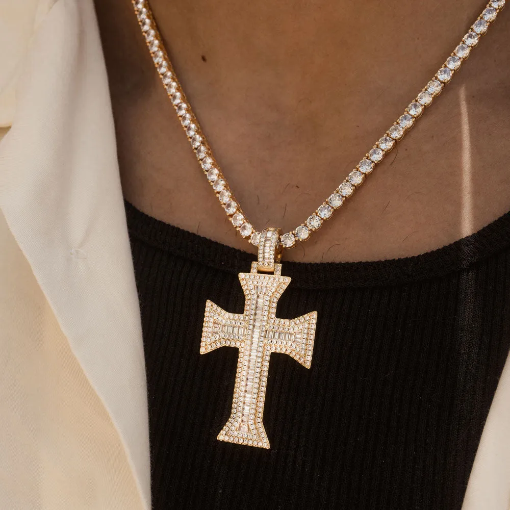 Diamond Cross Emerald Cut Necklace Pendant & Tennis Chain