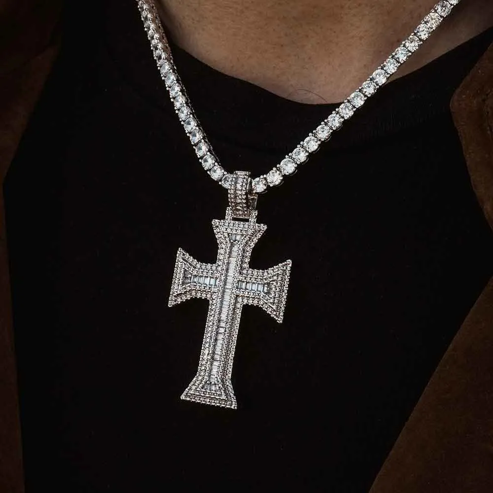 Diamond Cross Emerald Cut Necklace Pendant & Tennis Chain