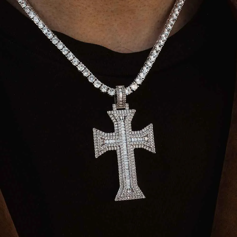 Diamond Cross Emerald Cut Necklace Pendant & Tennis Chain