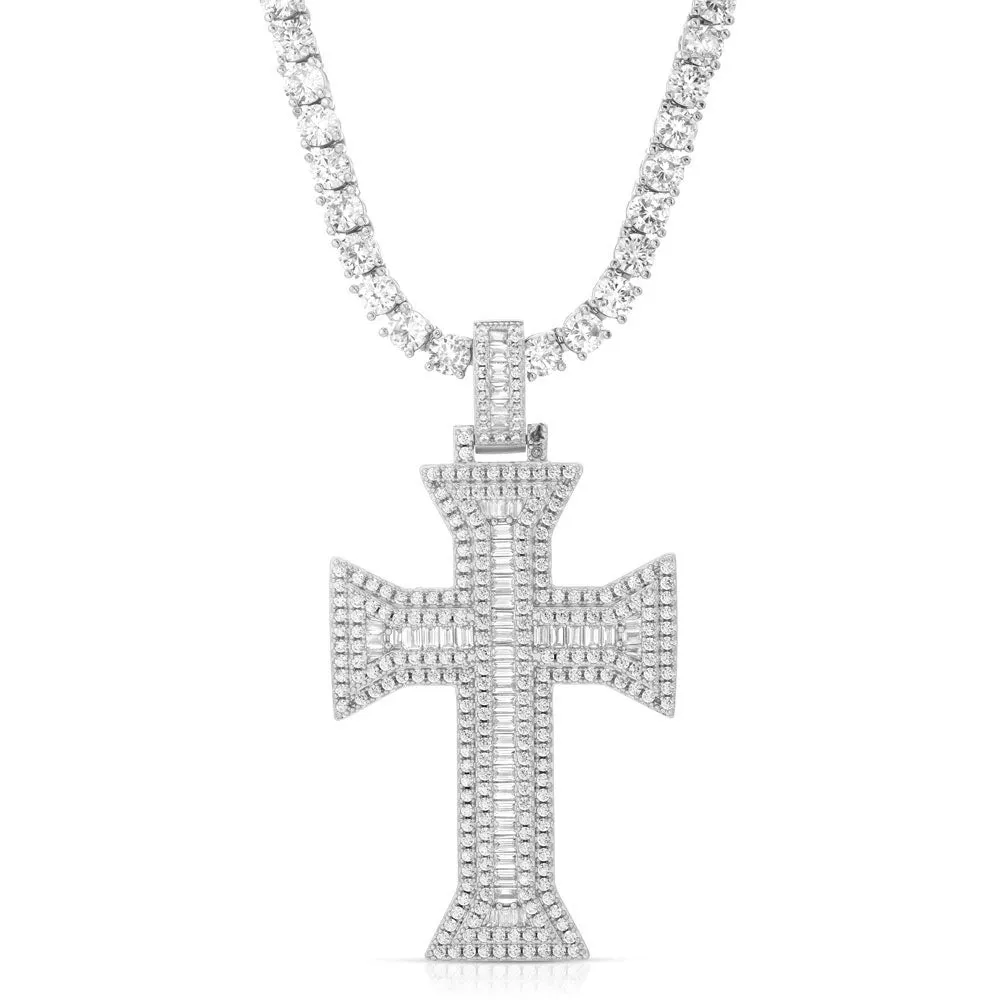 Diamond Cross Emerald Cut Necklace Pendant & Tennis Chain