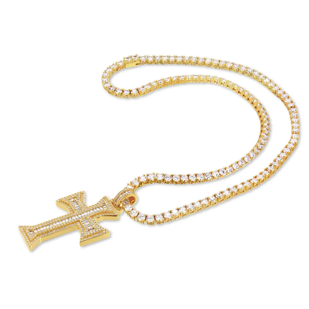 Diamond Cross Emerald Cut Necklace Pendant & Tennis Chain