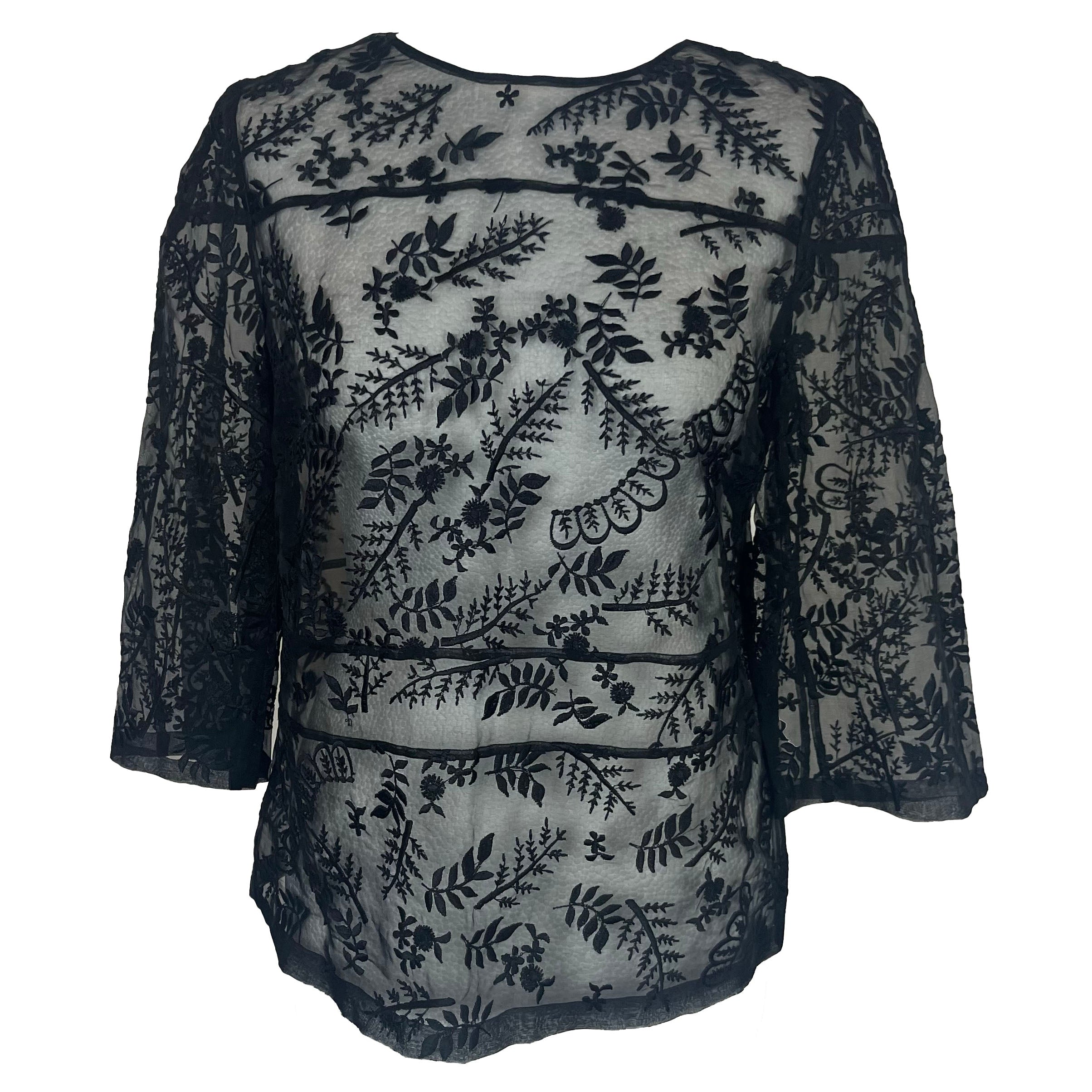 Dries Van Noten Brand New Black Embroidered Organza Top S