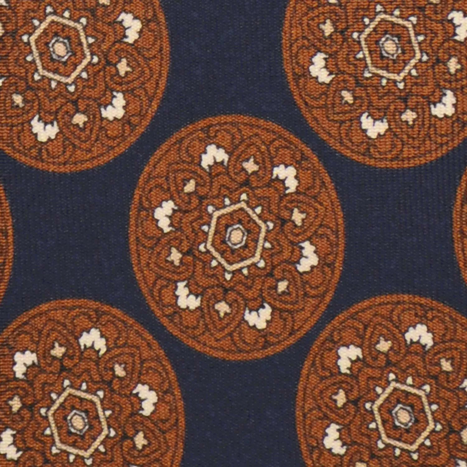 F.Marino Silk Tie 3 Folds Mandala Medallions Navy Blue