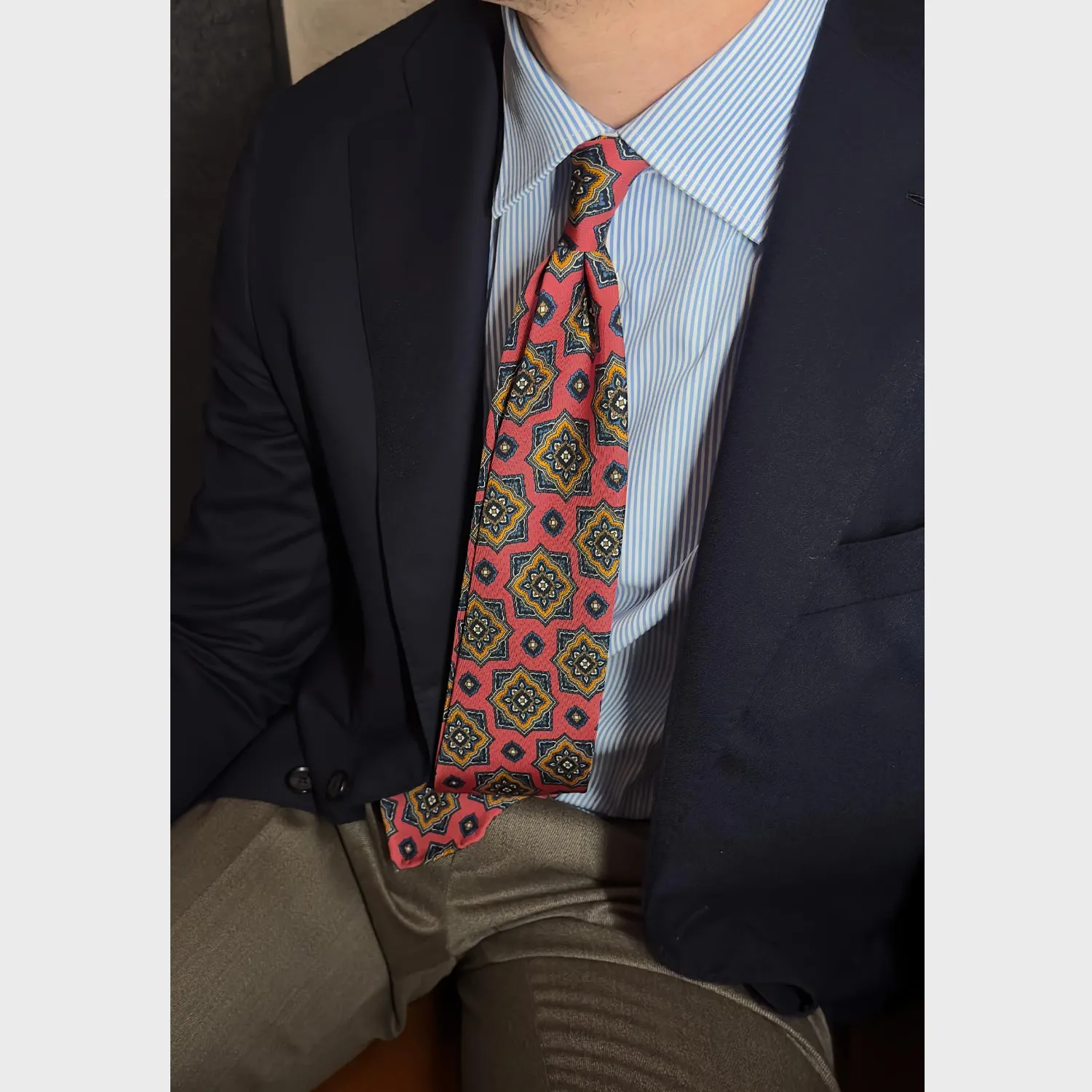 F.Marino Silk Tie 3 Folds Mandala Salmon Pink