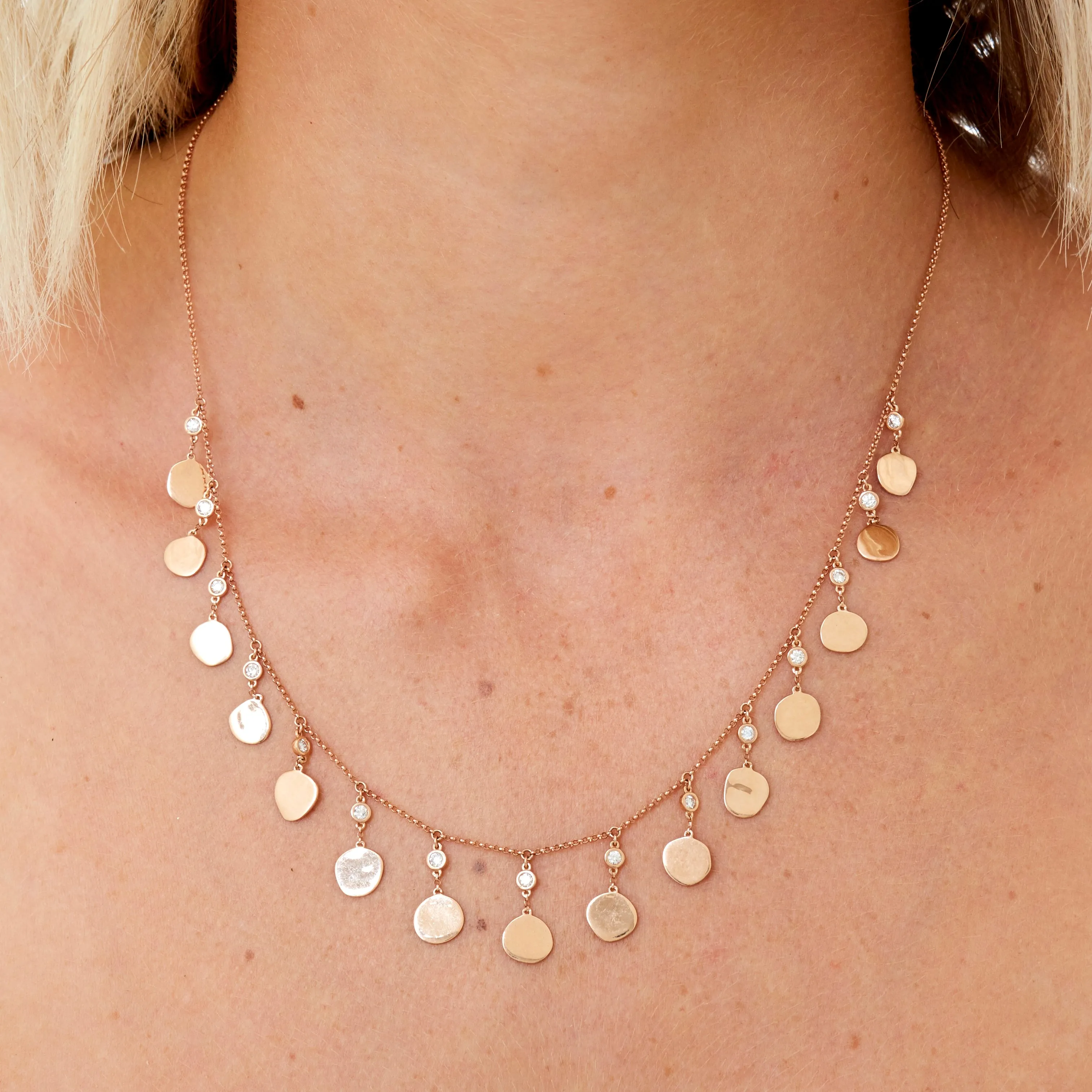 Rose Gold Diamond & Gold Disc Drop Necklace