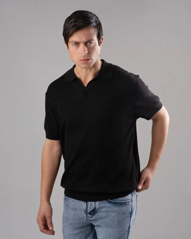 TEXTURED KNIT POLO SHIRT  -BLACK