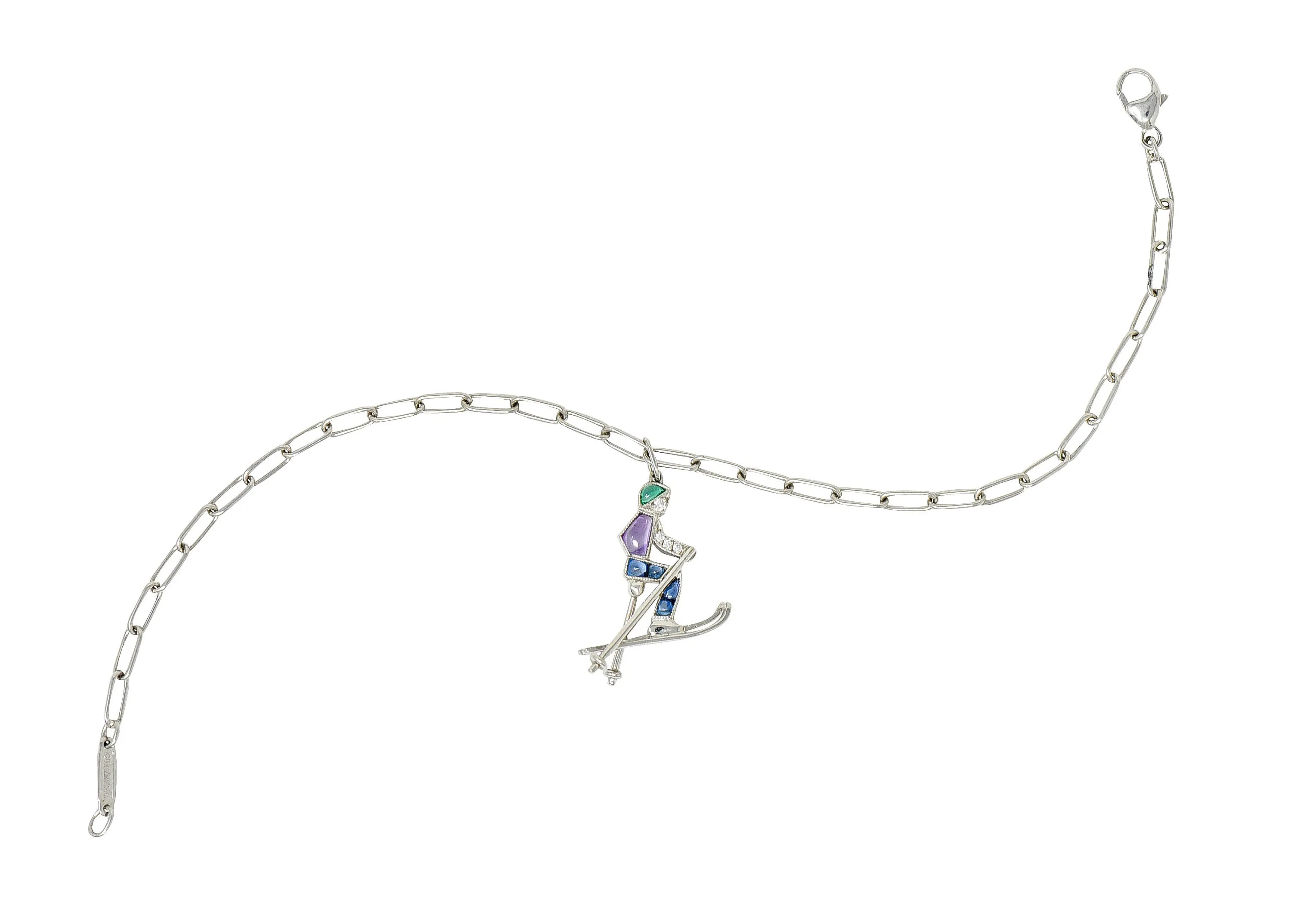 Tiffany & Co. Sapphire Amethyst Emerald Diamond Platinum Ski Charm Bracelet