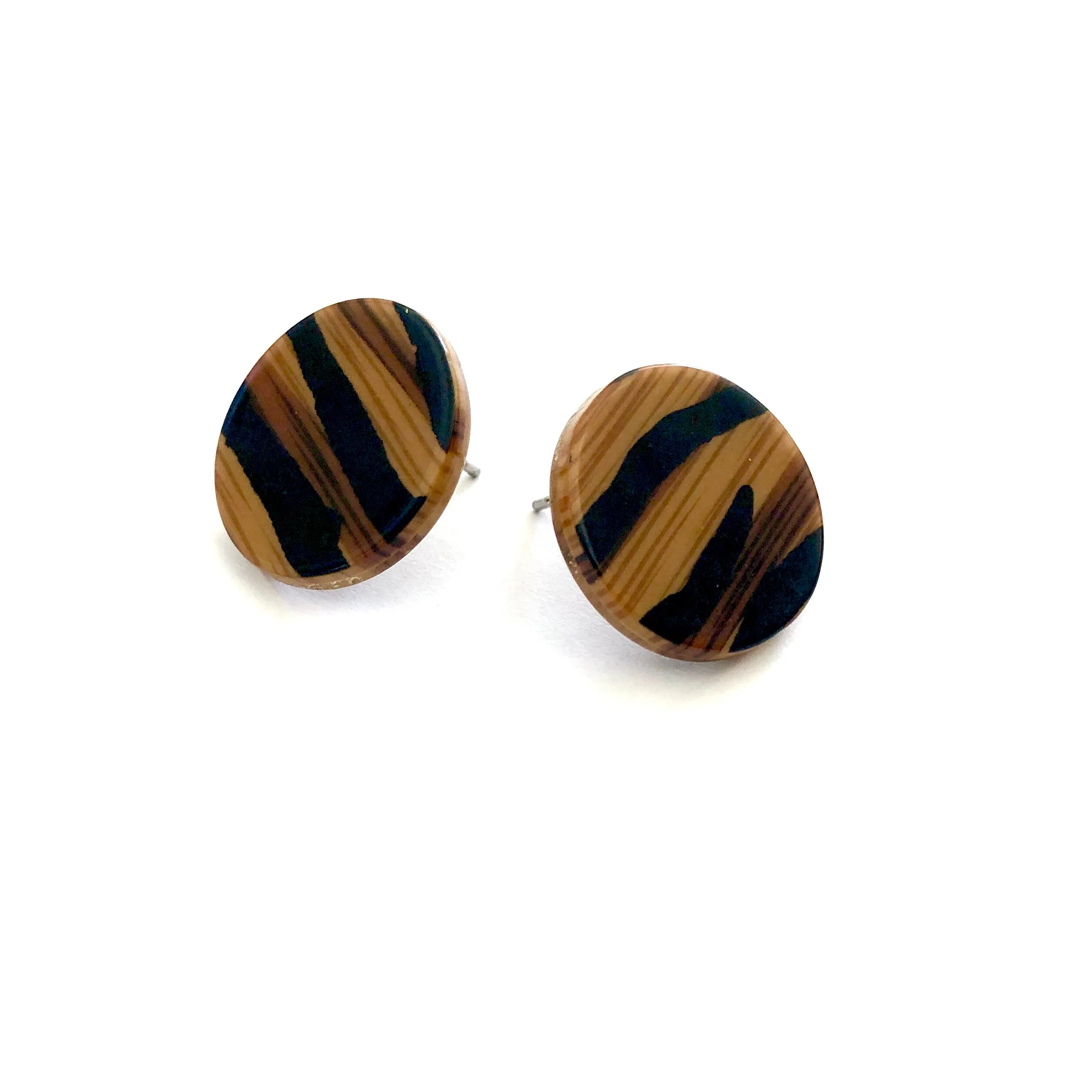 Tiger Striped Disc Stud Earrings